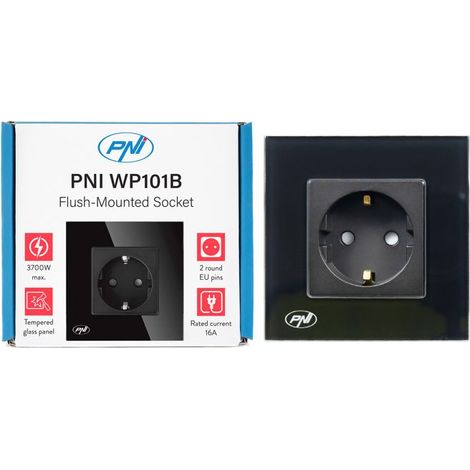 Prise encastrée - PNI WP101B - 16 A - 3700 W - Verre Noir (1/4)