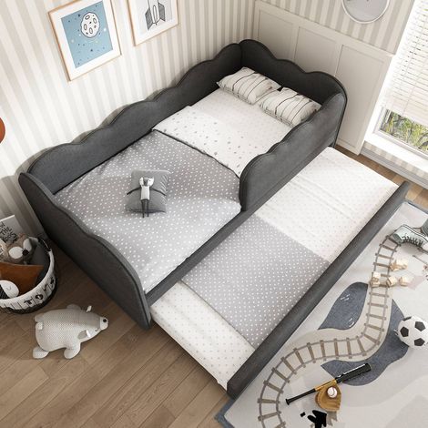 Lit banquette 90x190 cm en lin gris avec lit gigogne et sommier à lattes, sans matelas (1/5)