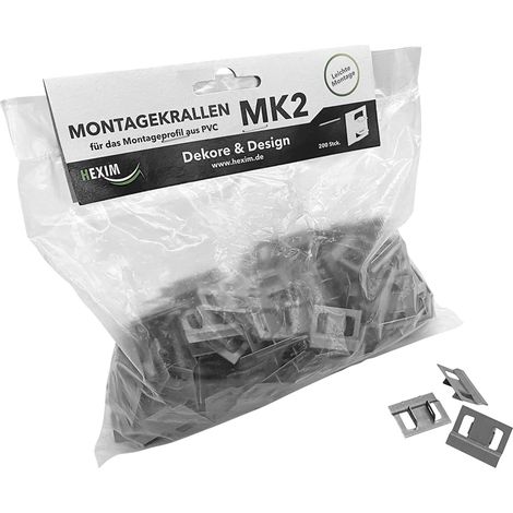 Montagezubehör für MDF Paneele, Universelle Ecken, Montageprofil & Befestigungskrallen, Hexim Triumph: Montagezubehör, 200 Paneelkrallen für PVC Montageprofile (1/4)