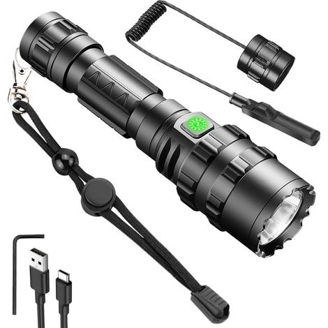 Wiederaufladbare LED-Taschenlampe, superhelle Taschenlampe mit kabelgebundenem Druckschalter, lange Akkulaufzeit, leistungsstarke 5000 Lumen, 5 Leuchtmodi (1/5)