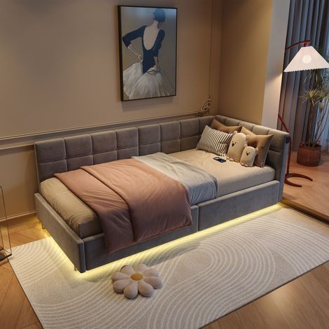 Letto contenitore 90 x 200 cm, rete a doghe con meccanismo di sollevamento idraulico, letto imbottito con porta USB e LED, velluto grigio (1/5)