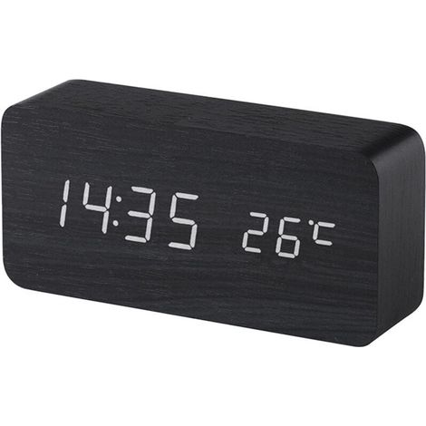 (Noir) Réveil digital en bois avec contrôle sonore par LED, alimentation double par batterie USB, horloge silencieuse en bois avec LED, décorations pour la maison (1/4)