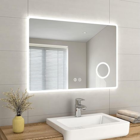 EMKE Backlit Illuminated Bluetooth Bathroom Mirror with Shaver Socket Wall Mounted Multifunction LED Bathroom Vanity Mirror with Lights, Demister Pad and 3x Magnifier, 100x70cm,  [Horizontal] (1/5)