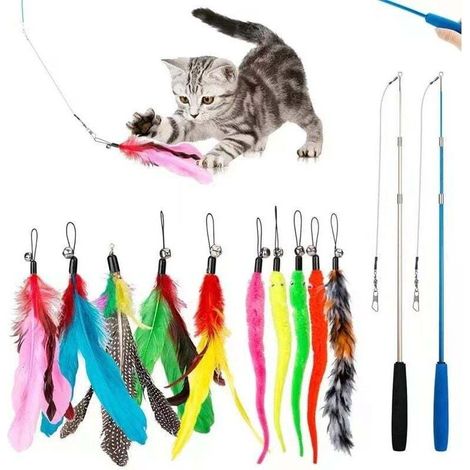 12 PCS Jouet Chat Plume, Jouet bâton Chat Canne à pêche avec 2 PCS Interactif Rétractable Canne, 10 PCS Plume de Rechange avec Pendentif, Jouet Perche Télescopique pour l'intérieur Chats et Chatons (1/4)