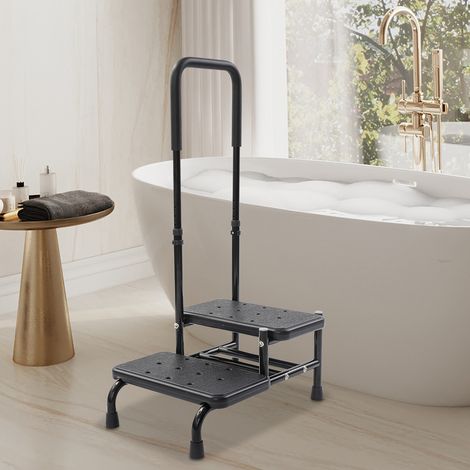 Marchepied avec Poignée pour Personnes âgées, Marche de Baignoire avec Poignée Maintien et 2 Marches, Hauteur Réglable, Marchepied pour Baignoire avec Poignée pour Chevet Cuisine Baignoire, Noir (1/5)