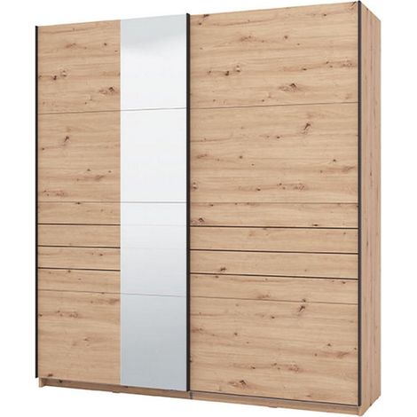 Armario grande Siri, armario de dormitorio con barra para colgar, 2 estantes, puertas correderas, 195x218h cm, marrón roble nudoso