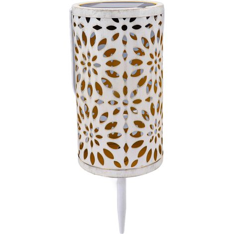 Lampe solaire cylindrique ajourée en forme de fleur, décorative pour allée, jardin ou terrasse. (1/5)