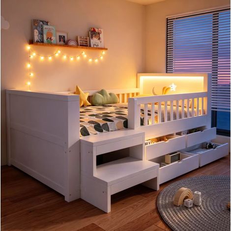 Lit enfant 90x200 cm avec LED, 4 tiroirs, barrières de sécurité, marches et sommier à lattes, bois blanc