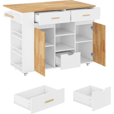 Isla de cocina móvil blanca con tablero abatible, 3 cajones y ruedas con freno, 120 x 71 x 90 cm (1/5)