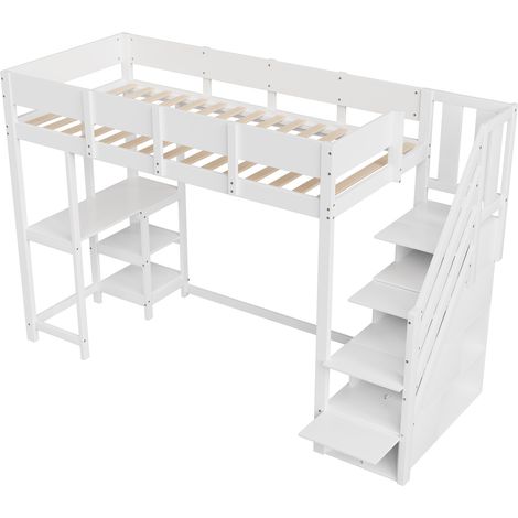 Lit mezzanine multifonctionnel avec rangement et étagère, 90 x 200 cm, cadre de lit en pin massif avec sommier à lattes, lit pour enfants et adolescents, blanc