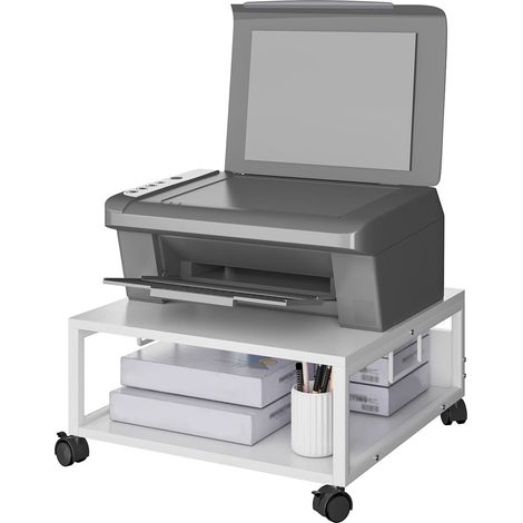 Support d'imprimante de bureau à 2 niveaux avec roulettes, table roulante robuste avec dossiers de rangement, pour livres, fax, scanner, bureau à domicile(blanc) (1/5)
