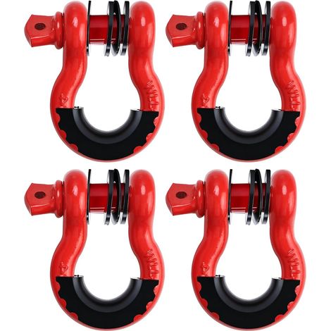 Lot de 4 manilles d'arc robustes de 4,75 tonnes (4,3 kg) avec isolateur en caoutchouc et rondelles, grand anneau en D en alliage d'acier de 1,9 cm pour remorquage, levage, camion, pick-up (1/5)