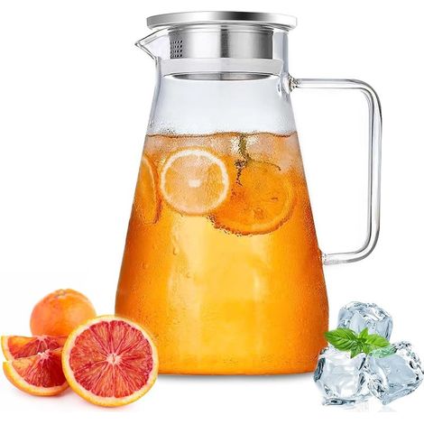 Jarra de vidrio de 2,3 litros con tapa y asa, jarra transparente para té helado, agua caliente y fría, para bebidas caseras/té helado/vino/café/leche/jugo/para servir vino. (1/5)