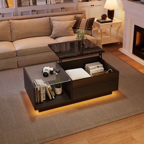 Table basse 50x100x40, design LED brillant surélevable avec rangement Table basse salon (1/5)