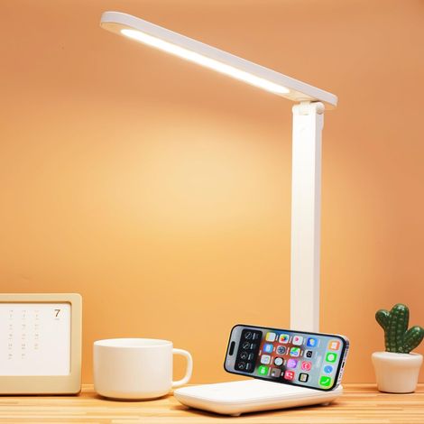 Lampe de bureau LED blanche, dimmable, lampe de lecture, 3 modes d'éclairage, lampe de bureau avec protection des yeux, accessoires de bureau, lampe de bureau avec chargeur USB, convient pour le burea