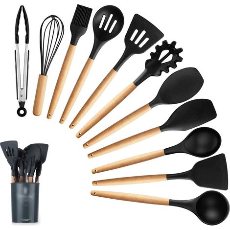 Ustensiles De Cuisine En Silicone - Manche Bois - Résistant Jusqu'à 230 °C - Antiadhésif - Pour Cuisinières Et Cuisiniers - 12 Pièces (1/5)
