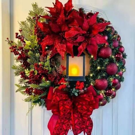 Couronne de Noël de 35 cm, couronne de porte de Noël avec lanternes, boules, baies et nœuds, guirlande de Noël artificielle ODIPIE (1/4)