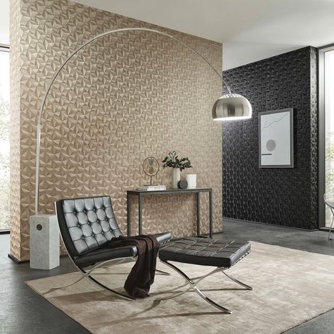 Papier peint moderne 3D or salon | Tapisserie 3D or chambre adulte | Papier peint tendance effet d'optique doré intissé (1/3)