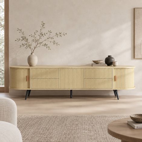 Mueble TV 180/40/45 cm en color madera natural, ovalado, con 4 cajones y puerta corredera (1/5)