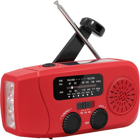 Radio d'urgence à manivelle avec lampe torche LED - Radio météo portable, alimentée par USB et énergie solaire. (1/5)