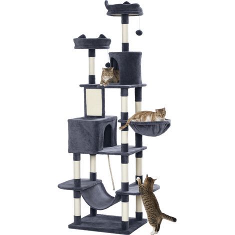 Arbre à chat 206 cm équipé de grotte, couleur grise foncé, poteaux en sisal, plateforme pour grands chats, 2 balles de jeu (1/5)