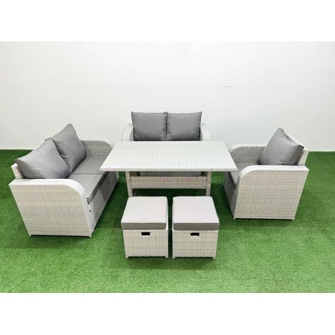 Fimous High Back Poly Rattan Garden Furniture Set with Reclining Chair Loveseat Sofa Rectangular Dining Table Indoor Outdoor Patio Set 2 Stool Light Grey (1/5)