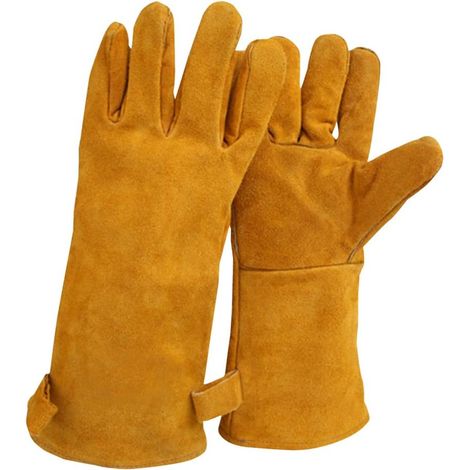 1 par de guantes de soldadura de piel de vacuno servida de 35 cm de largo con forro de espuma, extra largos para soldadores TIG, barbacoas, jardinería, camping, estufas y chimeneas.
