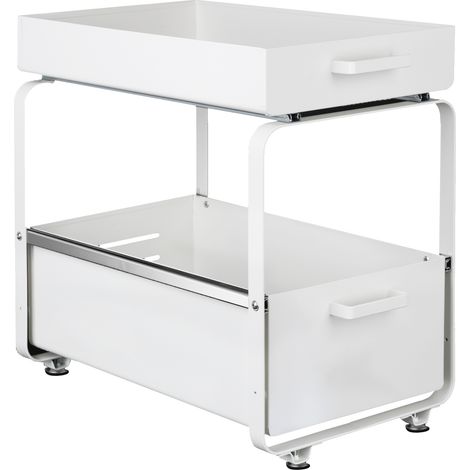 Almacenaje Bajo Fregadero 2 Niveles Organizador con cestas deslizantes Especiero, Estantes de Cocina, Armario, Organizador de Condimentos, Blanco 40x25.5x39.5cm (1/6)