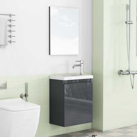Mueble de baño suspendido 40 cm con lavabo de cerámica y espejo, sin tiradores, MDF brillante - gris (1/5)