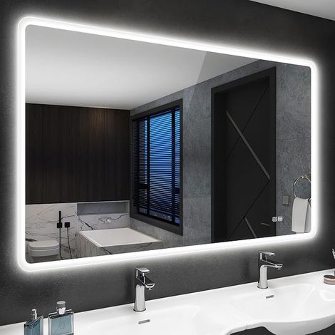 100 x 70 cm Mirror-LED-Bathroom-with-Lighting, Dimmable, 3 Light Colours, Anti-fog, Memory, Tempered Glass HD Wall Mirror, Horizontal/Vertical (1/5)