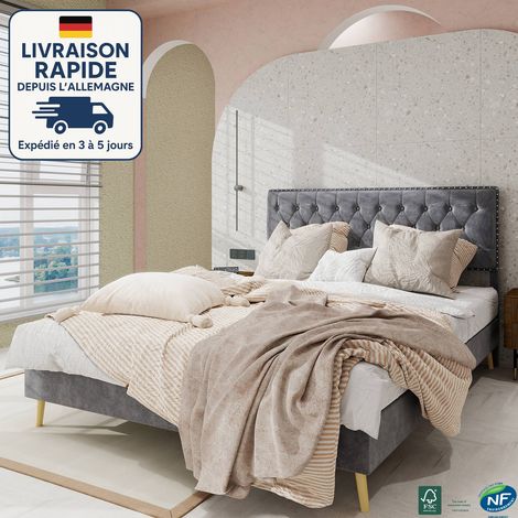 Letto imbottito in tessuto per adulti 140x200 - Elementi rivettati - Rivestito in lana olandese - capitonné - minimalista ed elegante - Legno certificato PEFC - Grigio (1/5)