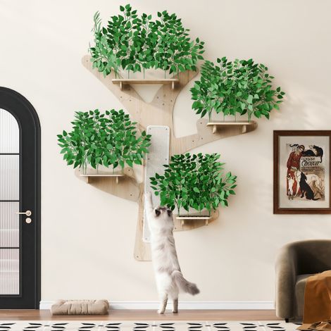 Tiragraffi a parete a forma di albero – tiragraffi di design in legno massello di pino, con superfici graffianti e piattaforme, decorativo e stabile, 155 x 210 cm – parete per arrampicata per gatti, t (1/5)