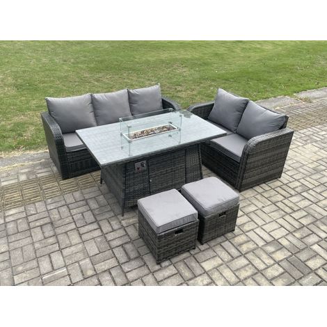 Fimous PE Wicker Outdoor Rattan Garden Furniture Set Propane Gas Fire Pit Table and Sofa set with 2 Small Footstools (1/5)
