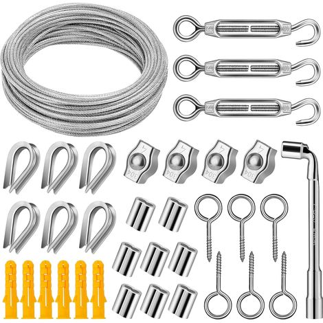 20m/3mm Stainless Steel Cable Kit, M4 Wire Tensioner for Climbing Plants, Hanging String Lights Outdoor, Fence, Board, Securing Shading (1/5)