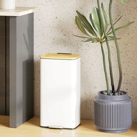 Poubelle de cuisine 20 L, à pédale, couvercle en bambou à fermeture douce, seau intérieur amovible, blanche (1/5)