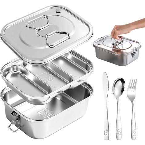 Boite Lunch Inox 304, Boite Inox 1800ML à 3 Compartiments, Boîtes Bento avec Poignée Antifuite, pour Enfants avec Set de Couverts (Fourchette/Couteau/Cuillère) (1/5)