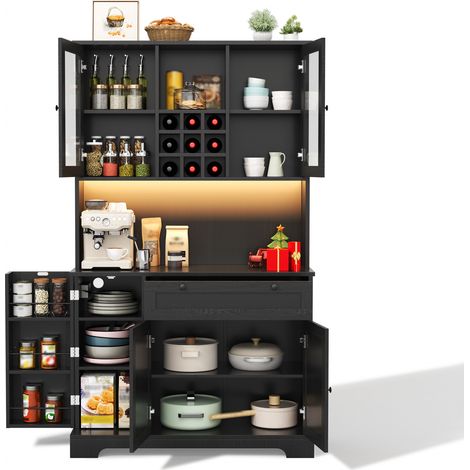 Credenza da cucina 105x40x180 cm in truciolato nero con LED e prese - CHICFURN (1/5)