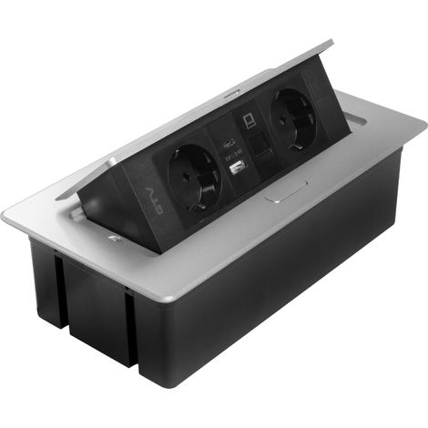 GTV – Presa da incasso MULTISOFT in alluminio con 2 x Schuko, USB A+C, RJ45, HDMI 2.0, copertura, retrattile, cavo da 1,5 m, per scrivania, tavolo da conferenza, cucina o ufficio domestico