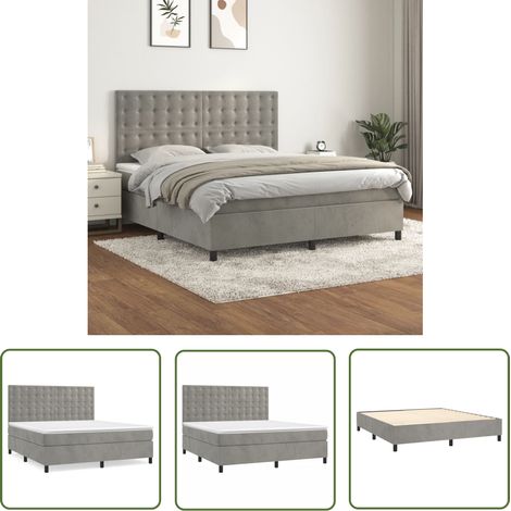 The Living Store Sommier à lattes de lit et matelas Gris clair 180x200cm Velours - Lit Tapissier - Lit Velours - Lit Double - Literie - Chambre À Coucher (1/5)