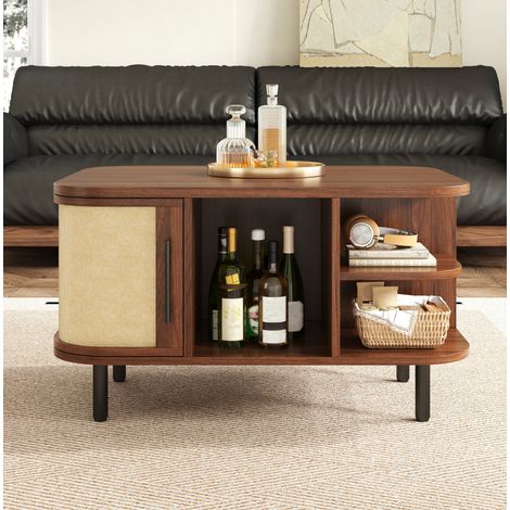 Mesa de centro 80 x 60 x 46,5 cm con almacenaje, MDF nogal, tiradores y patas metálicas OKMYHOME (1/5)