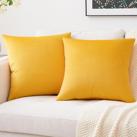 Housse de coussin décorative en velours côtelé, taie d'oreiller carrée pour canapé et lit, lot de 2 housses jaune moutarde, 45 x 45 cm (1/5)