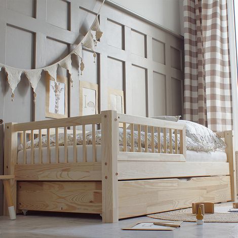 Cama 90x190 con barandilla somier y cajón Adèle Madera (1/4)