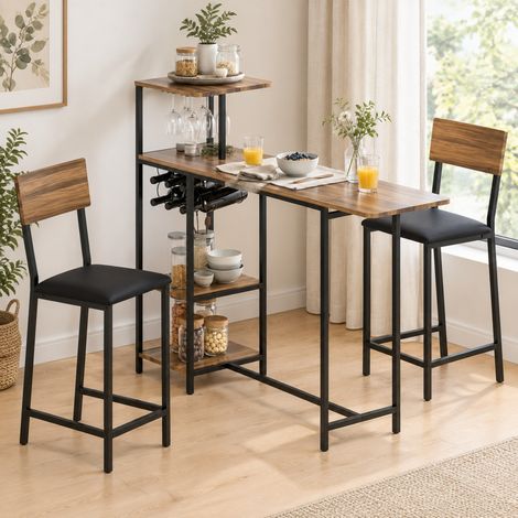 Set tavolo alto con 2 sgabelli, estensibile 110-140 x 40 cm, MDF e metallo, marrone (1/5)