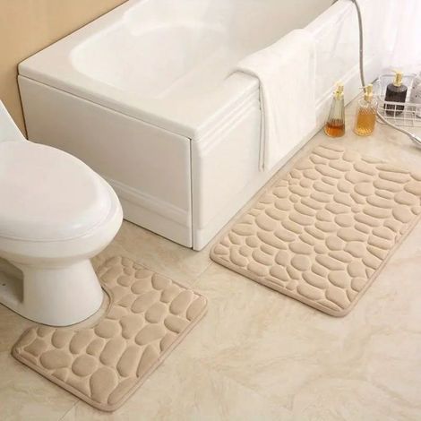 Tapis De Toilette - Motif Pierre Relief - Absorbant Et Antidérapant - Pour Porte De Salle De Bain - 2 Pièces - Kaki Foncé