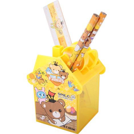 Porte-crayon jaune en forme de maison, organisateur de bureau mignon pour enfants, pot à stylos décoratif, fournitures scolaires cadeau. (1/5)