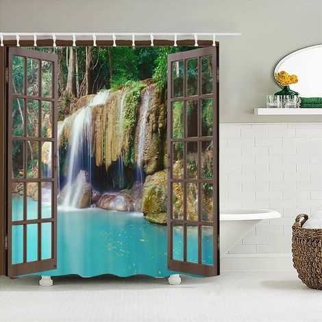 Rideau de douche imprimé 3D motif forêt, 180 x 200 cm, imperméable et lavable, avec crochets, L 90 x H 180 cm