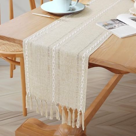 Chemin de Table en Lin Beige crème Fait Main avec Pompons, décoration Table de Style bohème Rustique, idéal pour la Cuisine, Salle à Manger, Mariage et Occasions spéciales, 183 x 33 c (1/5)