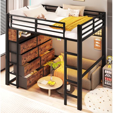 Etagenbett 140/200 cm negro de metal y MDF con 8 cajones, LED y almacenaje (1/5)