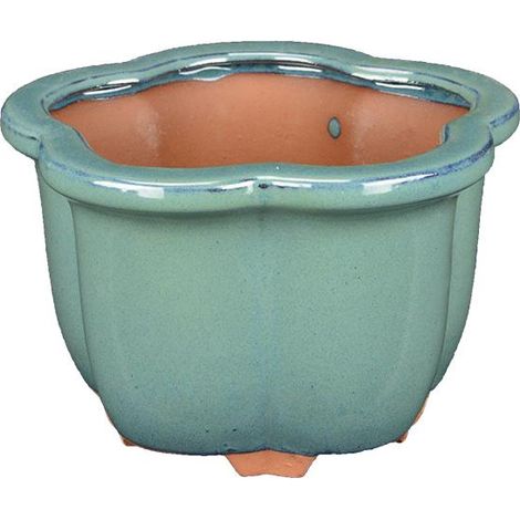 Vaso per bonsai rotondo (forma a fior di loto) in gres smaltato verde 13x13x9,5 cm - YM1a
