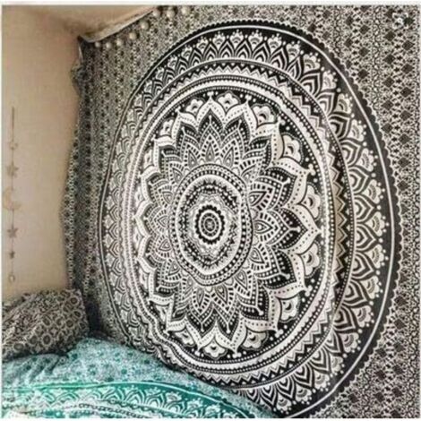 Tapisserie Indienne Multicolore Tenture Murale Tissu Tapisserie Style Boho Tissu Décoratif/Couvre-Lit (Noir, 210 ×150cm)